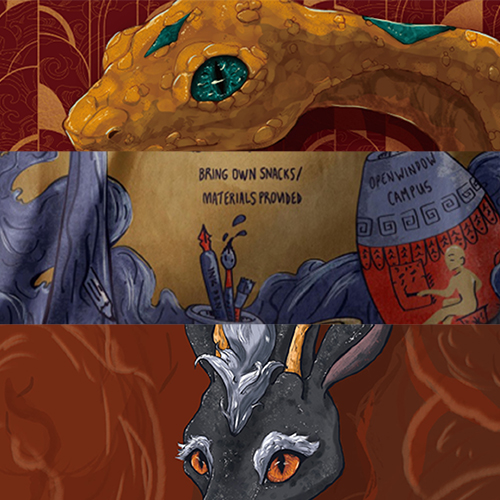 Three-panel dragon collage: top close-up of a yellow dragon’s turquoise eye, middle panel with pencils and text about snacks/materials, bottom dark dragon with orange eyes.