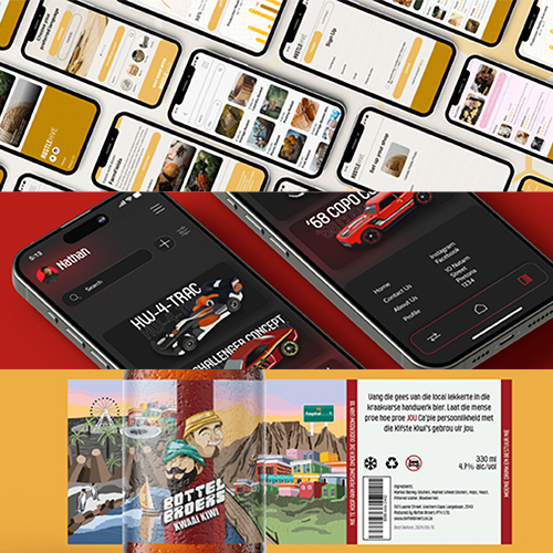 Collage of multiple smartphones showing different app screens, with yellow-themed interfaces, a car app in the middle, and colorful bottom packaging visuals.