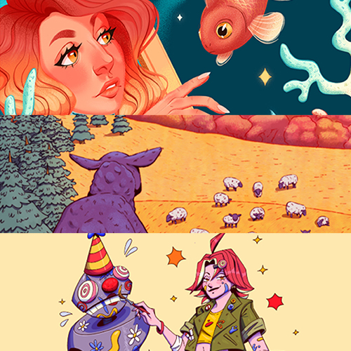Triptych collage: red-haired woman with a fish underwater, a purple animal and sheep in a field, and two cartoon characters with sparkles in a yellow scene beneath.