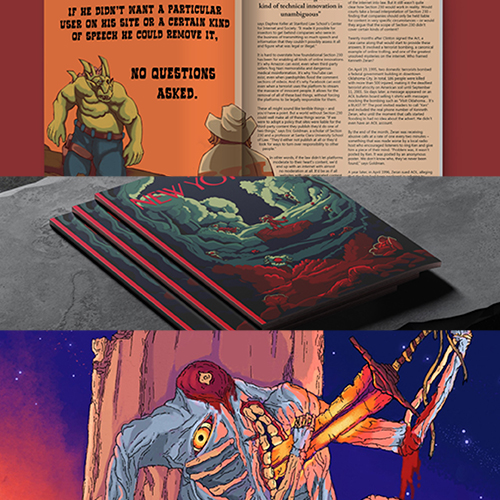 Collage of three panels: top shows a cartoon ogre beside a poster with the words 'No Questions Asked'; middle shows an open page of dense text next to a dark, illustrated book cover; bottom shows a skeletal armored warrior wielding a sword against a purple, starry night sky.
