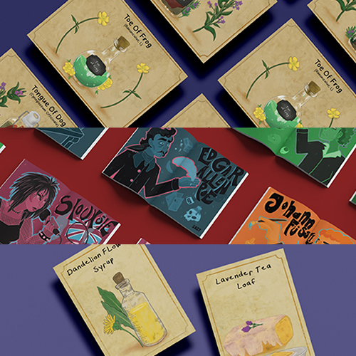 Collage of colorful product boxes arranged in diagonal rows across three bands: top row shows tan boxes with yellow flowers and plant illustrations; middle row features vibrant, comic-style card designs on red and green backgrounds; bottom row displays more tan boxes labeled lavender tea loaf and dandelion flower syrup, all set against blue-purple surfaces.