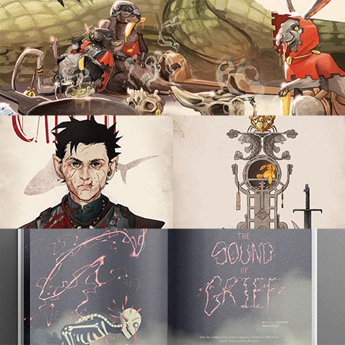 Collage of fantasy art: riders on beast-like creatures above, a stern dark-haired man, an ornate crest, and an open book with glowing pink text.