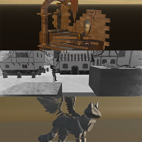 Three-panel game art: top shows a wooden medieval archway with shields; middle depicts a snowy village with a standing figure; bottom features a winged armored creature in flight at sunset.