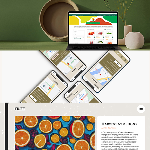 Collage showing a laptop displaying a website, several smartphones with map apps, and a food-themed webpage at the bottom.