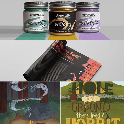 Collage: top row shows three Chromalix acrylic paint jars labeled serenity, victory, nostalgia with colored paint beneath; middle shows a rolled black magazine with red text; bottom shows two fantasy book covers—one smoky illustration on the left and a Hobbit-themed green cover on the right.