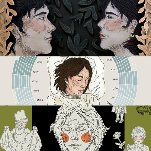 Three-panel artistic collage: top shows two people in profile facing each other among dark-green leaves; middle shows a person sleeping with a circular grid of dates around them; bottom shows a pale figure with orange cheeks and smaller figures around, on an olive background.