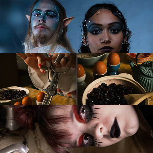 Three-panel collage: fantasy makeup with elf ears (top), kitchen scene with eggs and berries (middle), and a person with gothic makeup (bottom).