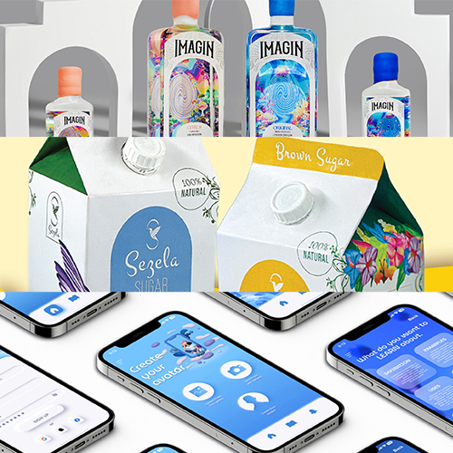 Collage of consumer products: colorful Imagin bottles on top, Segela natural sugar cartons in the middle, and smartphones with app screens at the bottom.