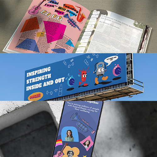 Open magazine spread on pink pages with geometric shapes, a guitar sketch, and scattered text blocks.