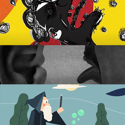 Three-panel collage: top cartoon hand with scribbles on bright yellow and red; middle grayscale close-up of two people facing each other; bottom whimsical wizard with a wand among trees.