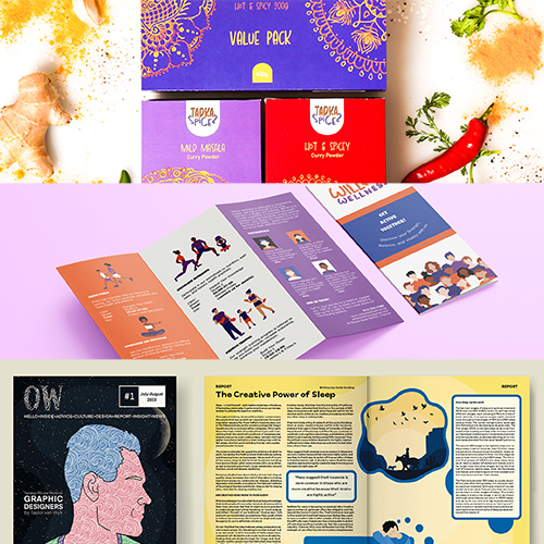 Collage of colorful product boxes at the top, a purple/orange tri-fold brochure in the middle, and a yellow, sleep-themed illustrated magazine spread on bottom.