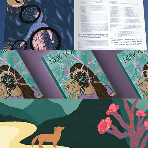 Collage: glasses on water with a document page, a row of illustrated magazine covers, and a fox in a surreal landscape with pink mushrooms in the foreground.