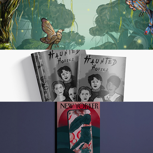 Top jungle illustration with hanging vines and colorful birds, middle row shows Haunted Houses graphic novel covers in grayscale, bottom features a New Yorker magazine cover with a green-clad figure against a red background.