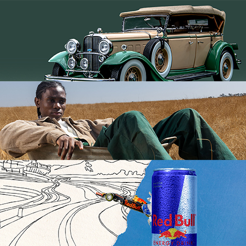 Three-panel collage: a vintage green-and-brown car at top, a person lounging in a field in the middle, and a Red Bull can in front of a racing sketch at the bottom.