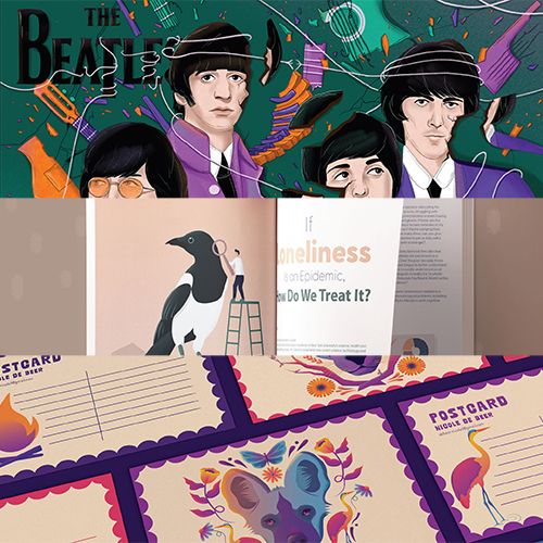 Collage: The Beatles illustrated panel at top, a magazine spread about loneliness in the middle, and colorful postage stamps/postcards at bottom.