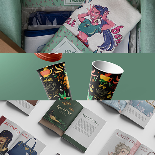 Collage of lifestyle items: a wrapped clothing item with a cartoon girl, two decorative coffee cups, and open fashion magazines on a white surface.
