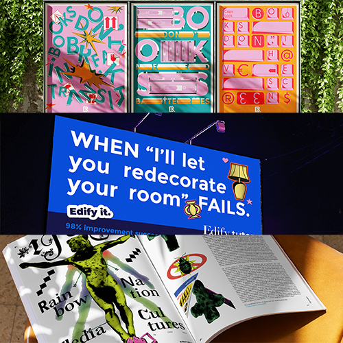 Collage of three colorful letter boards outdoors, followed by a large blue billboard with text about redecorating your room, and an open magazine showing insect diagrams and text.