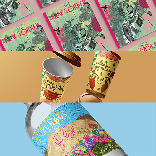 Three horizontal panels forming a collage: top shows repeated New Yorker magazine covers in pink/green, middle displays two tipped takeaway cups spilling, bottom features a colorful floral-wrapped can on a blue background.