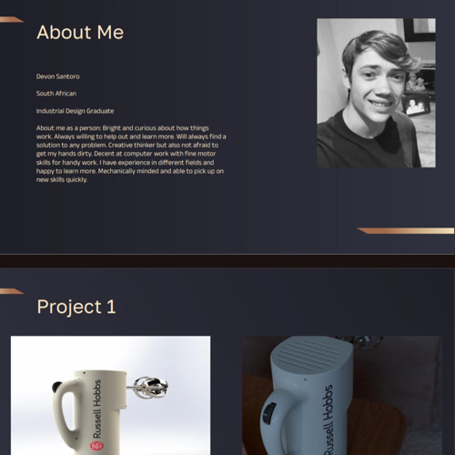 Portfolio 'About Me' section: bio text on the left and a grayscale portrait of the creator on the right against a dark blue background with orange accents.