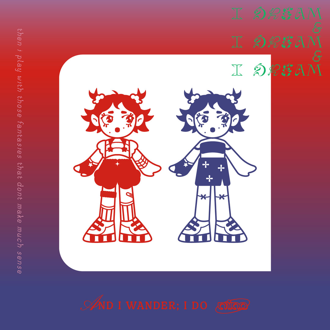 Album cover art showing two stylized girls in red and blue outfits standing side by side on a white rounded panel against a purple-red gradient background; conveys a playful, contrasting duo theme.