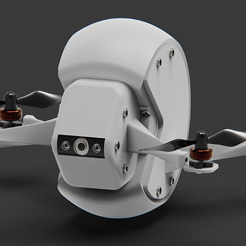 Close-up of a gray drone frame: a circular hub/gimbal housing in the center with two arm sections holding propellers and motors.