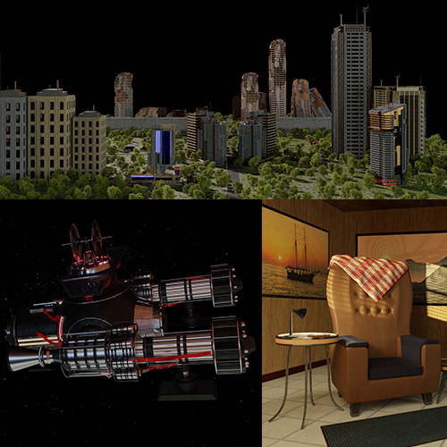 Collage of three scenes: a modern city skyline with trees, a large space telescope in orbit, and a hotel room with a brown armchair and sunset artwork.