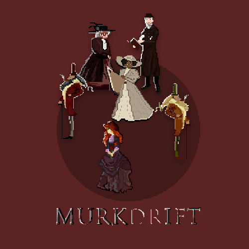 Pixel-art group of Victorian-era characters surrounding a central pale figure within a circular burgundy backdrop, with a stylized wordmark beneath (likely a game cover).