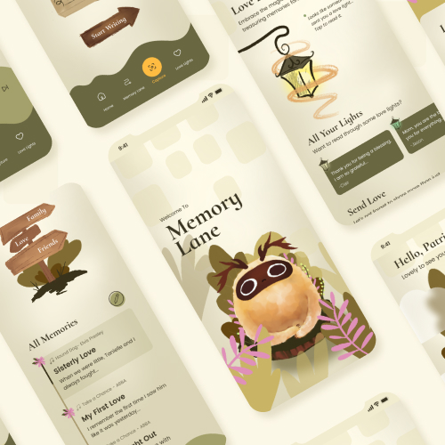 Illustration of a mobile app called Memory Lane with a cute mascot and pastel screens showing memories and prompts.