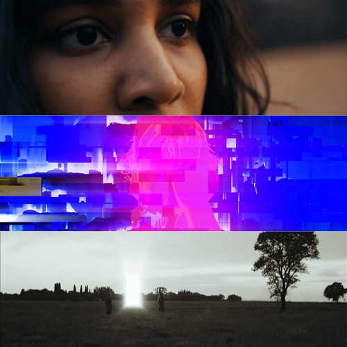 Triptych collage: close-up of a woman's face at the top, a neon glitch in the middle, and a black-and-white rural landscape with a bright glow at the horizon.