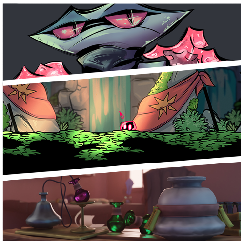 Three-panel cartoon collage: an alien eye/gaze above a rugged camp scene, then a camp with tents in a lush canyon, and finally a lab setup with glassware.