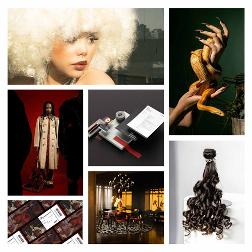Collage of fashion photography showing portraits, hair styling, and accessories across multiple frames from editorial shoots.