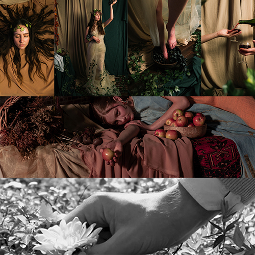 Artistic collage exploring nature and ritual: a flower-crowned woman, a barefoot figure on a pedestal, hands offering fruit, a sleeping person surrounded by apples, and a close-up of a hand holding a flower.