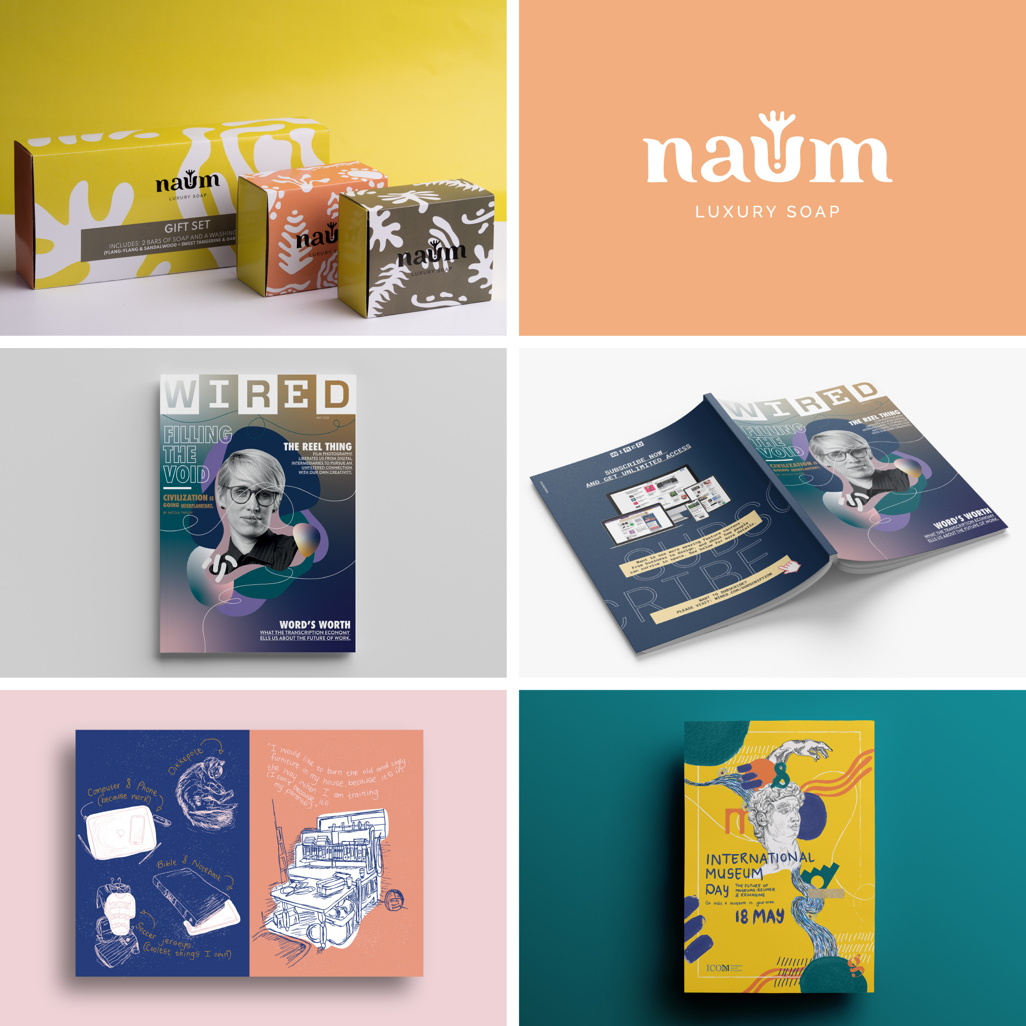 Collage of a grid: top-left yellow soap gift boxes, top-right peach background with 'naum' Luxury Soap logo, bottom-left WIRED magazine cover, bottom-right another magazine spread