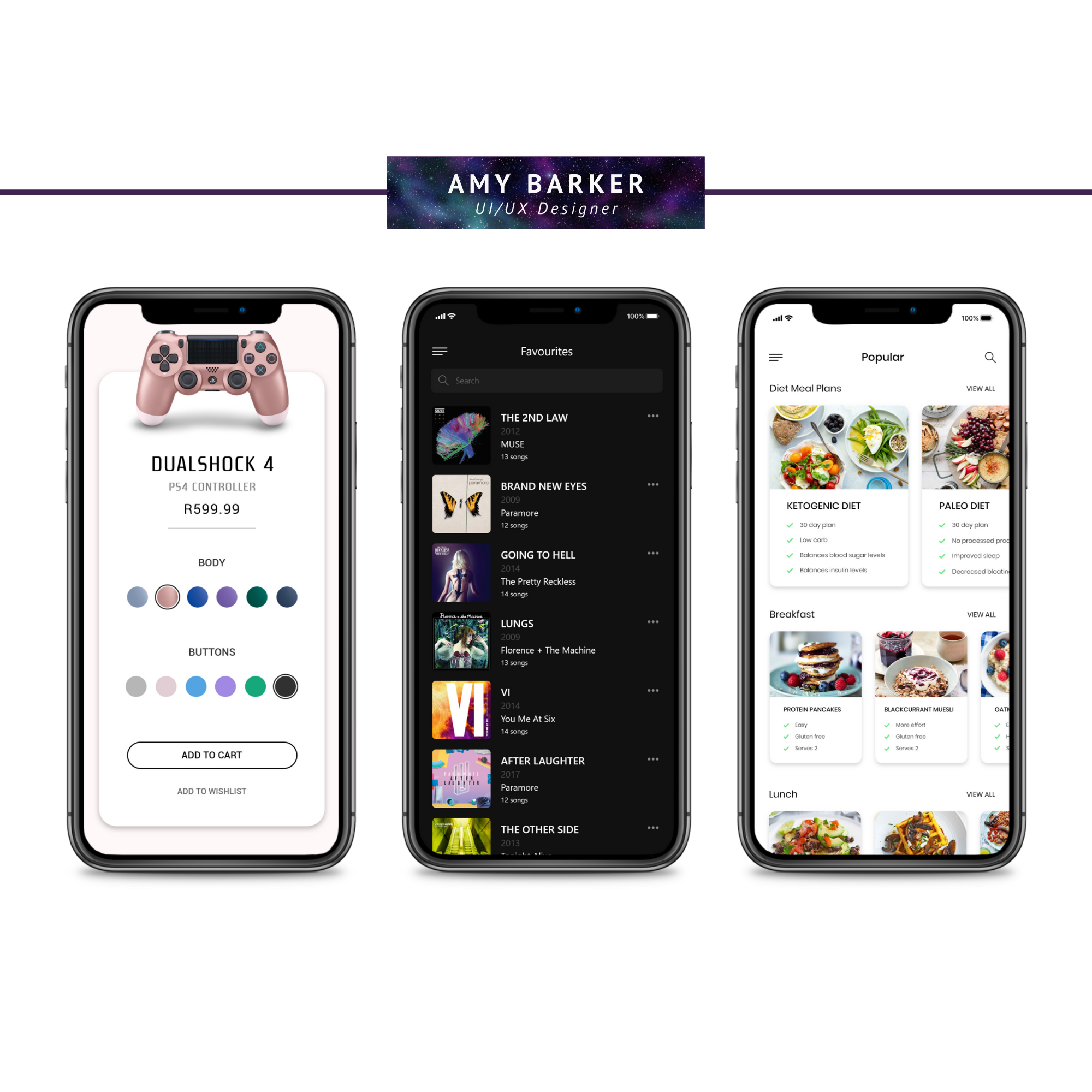 Banner with 'AMY BARKER' and 'UI/UX Designer' on a galaxy background, flanked by purple lines, above three smartphones displaying app interfaces.
