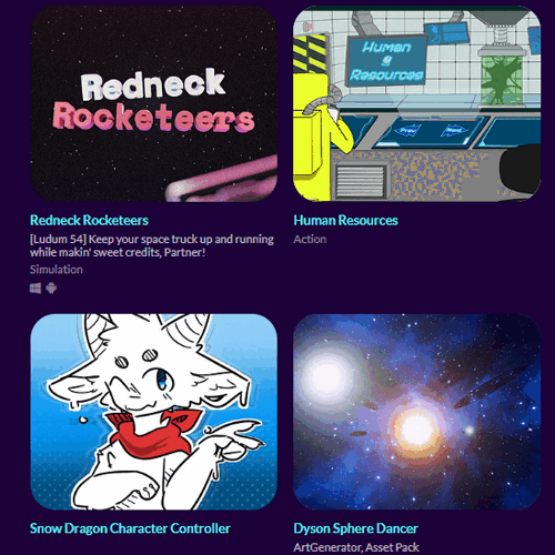 Card titled 'Redneck Rocketeers' with pink and white text on a starry space background, game cover art styling.
