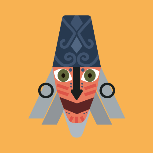 Stylized tribal mask illustration on an orange background with a blue patterned top, orange face paint, large green eyes, and circular ear rings on each side.