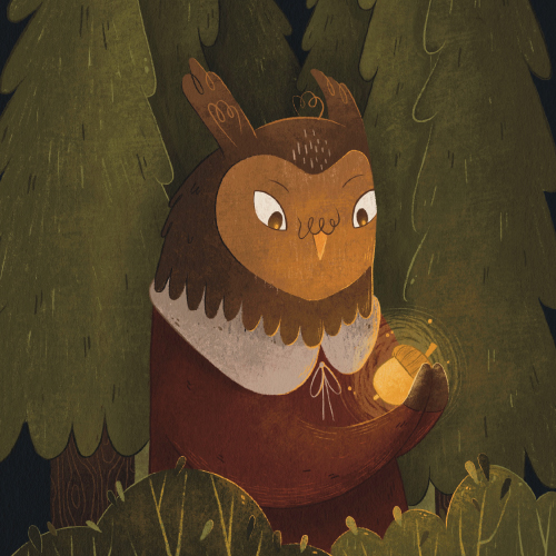 Illustrated brown owl in a forest at night, cradling a glowing orange orb in its wings.