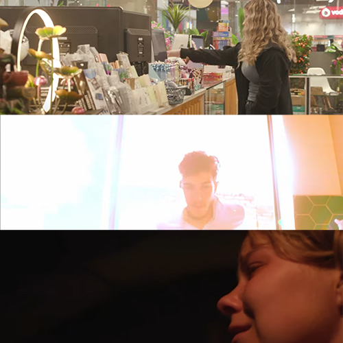 Three-panel montage: a shopper at a store counter, a person bathed in bright light near a window, and a close-up of a smiling individual in low light.