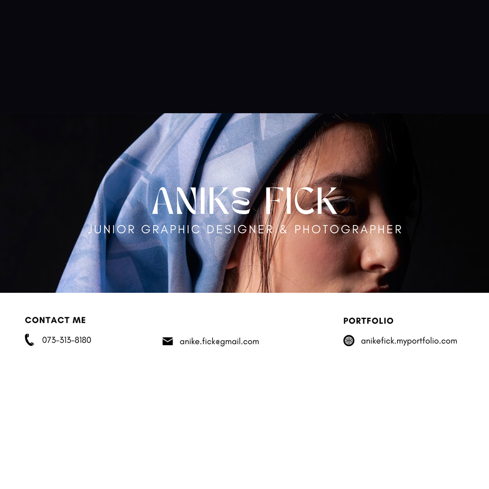 Hero banner with a close-up portrait of a person wearing a blue scarf; overlaid name and 'Junior Graphic Designer & Photographer' text.