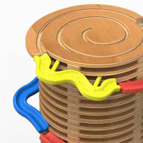 Stack of round wooden coasters with spiral groove, held together by bright blue, yellow, and red interlocking plastic connectors.