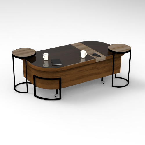Curved wooden executive desk with a dark glass top and two matching round side tables on black metal frames, with a notebook and two mugs on the desk.