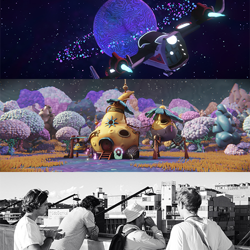 Three-panel collage: 1) a spacecraft/glider near a purple planet in space; 2) a whimsical village with mushroom-shaped houses and pastel trees; 3) a black-and-white scene of film crew filming on a city rooftop