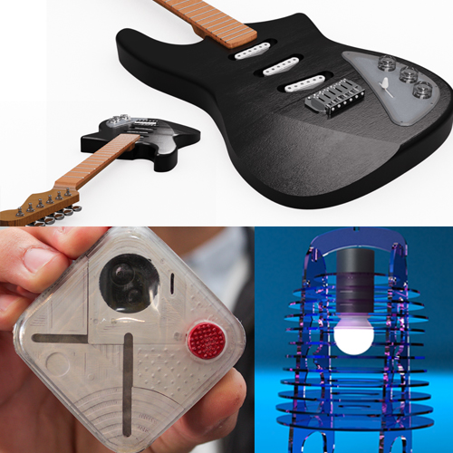 Collage of an electric guitar, a small transparent camera device with a red LED, and a blue coil-based machinery component.
