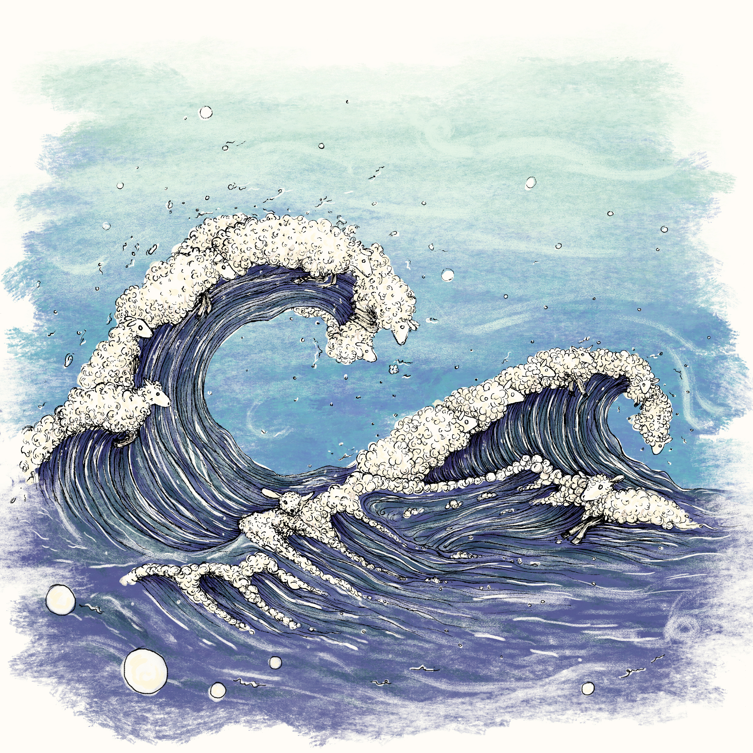 Cartoon-style blue ocean wave curling with white foamy crest and bubbles.