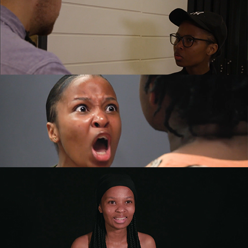 Three-panel collage: top shows a man and woman in a hallway talking, middle a close-up of a woman shouting, bottom a woman smiling in a dark studio background.