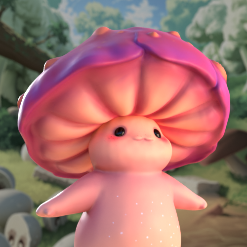 Cute pink mushroom creature with a oversized multicolored cap in a sunny forest.