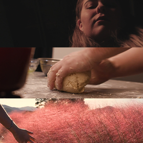 Collage of three scenes: a person’s close‑up face, hands kneading dough on a floured counter, and a person reaching toward pink ornamental grasses in a field.