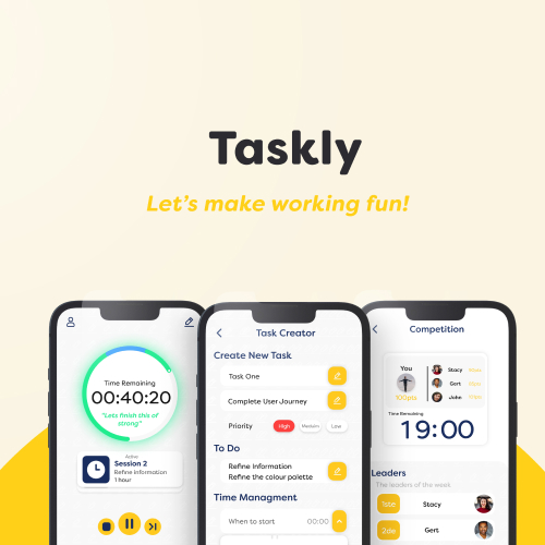 Promo banner for Taskly app with three smartphone screens showing task creation, timer, and leaderboard features; slogan 'Let's make working fun!'