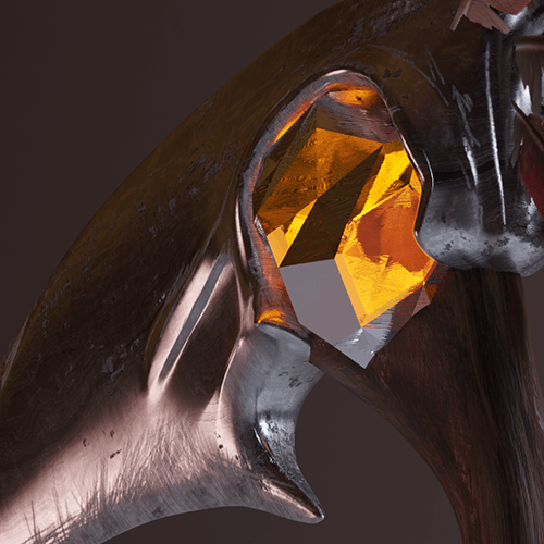 Close-up of a metallic horse head sculpture with a large amber gemstone in its mouth, set against a dark background.