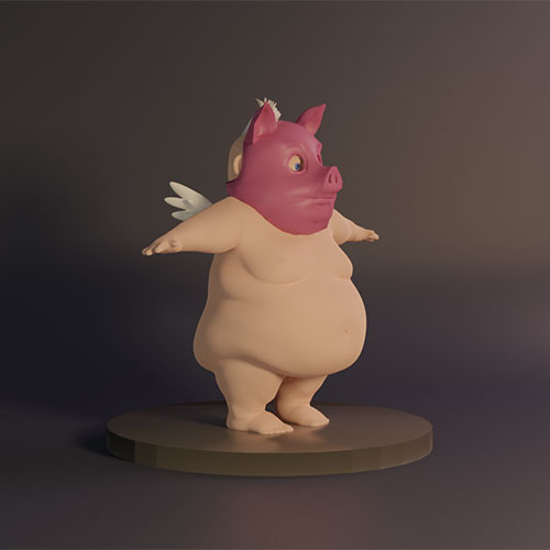 Cartoonish pink pig with small white wings, standing on a round pedestal.